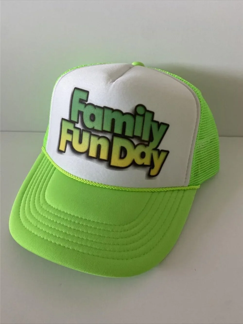 Retro Family Fun Day Foam Trucker Hat Neon Green White Rope Snapback Cap New 80s